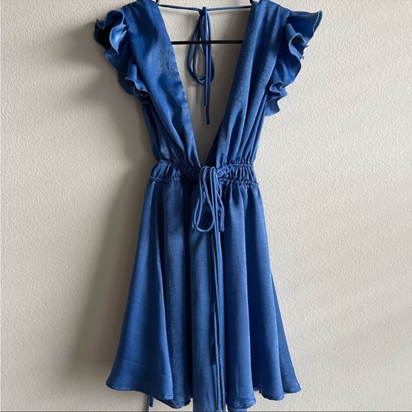 Lucy in the Sky Small Vivian Washed Satin Plunge A-Line Dress In Blue - Picture 3 of 4